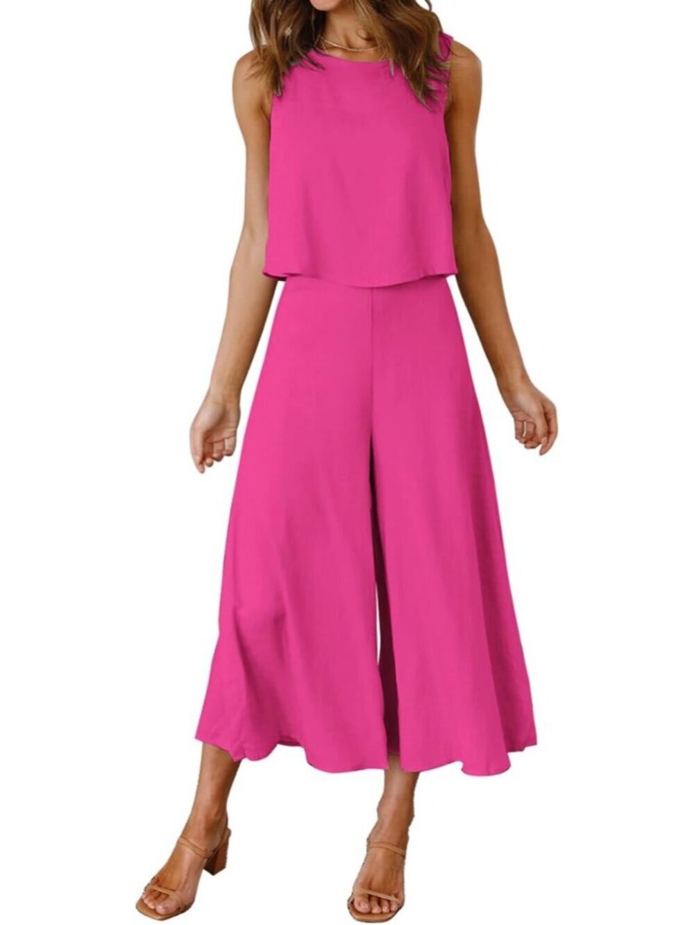 Women's Summer 2 Piece Rose Red Round Neck Crop Top Cropped Wide Leg Jumpsuit
